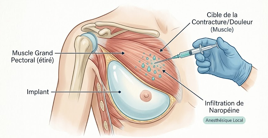 Schéma médical montrant l'infiltration d'anesthésique Naropéine dans le muscle grand pectoral étiré par un implant mammaire.